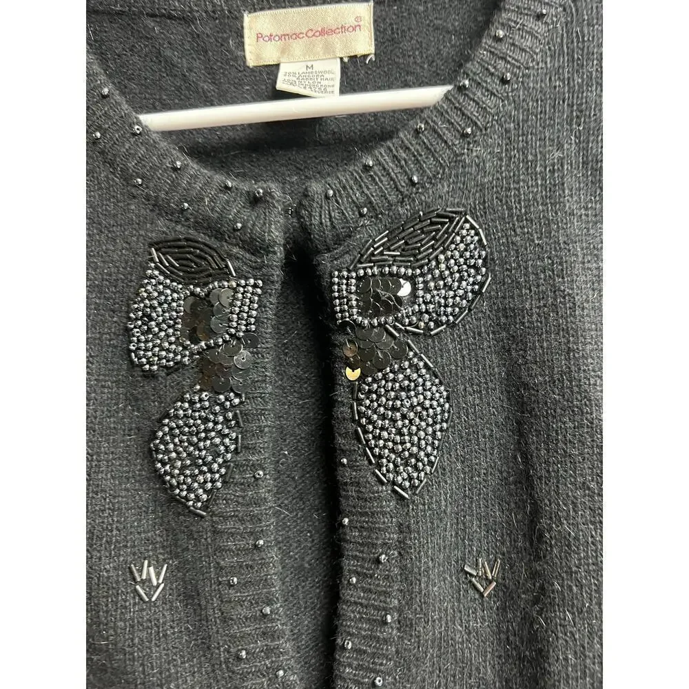Potomac Collection Embellished Sweater Cardigan Black Bow Shoulder Pads Vintage